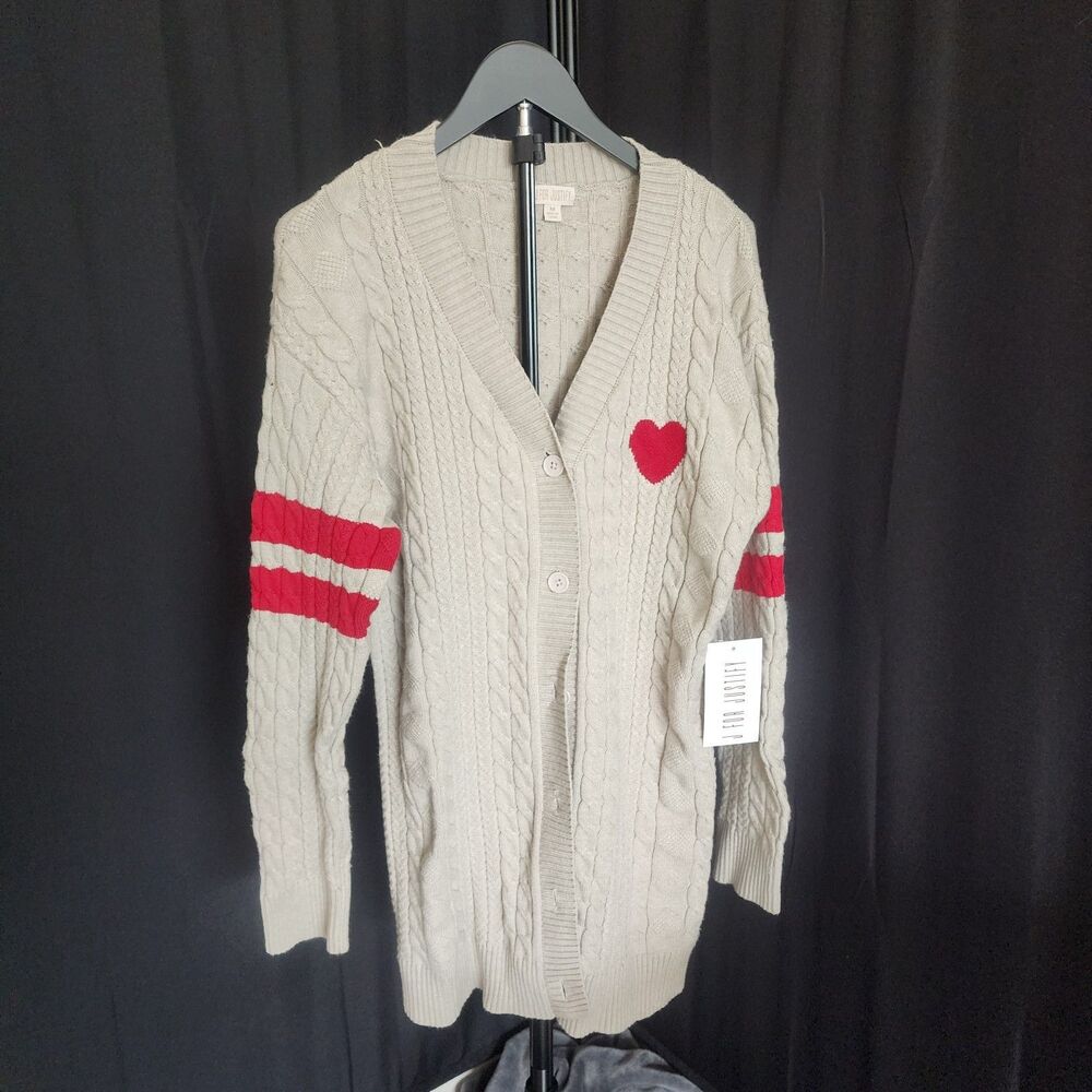 J for Justify Soft Grey & Red Long Line Academy Heart Cardigan Sweater NWT/ Med